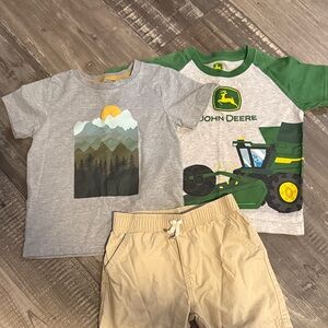 GAP Kids Gray Mountain Graphic Tee & John Deere Raglan Tee with Tan Shorts